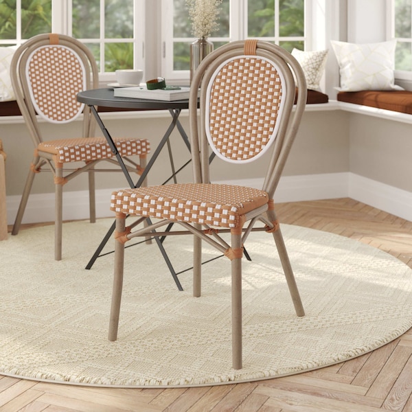 Flash Furniture Lourdes Thonet French Bistro Stacking Chair, Natural/White PE Rattan/Bamboo Print Alum Frame SDA-AD642002S-NATWH-LTNAT-GG - main